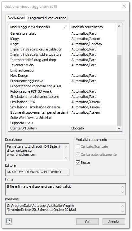 Finestra Gestione moduli aggiuntivi